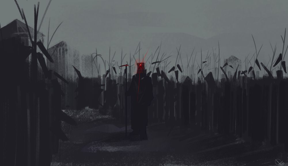 A drawing of a corn field, darkened by the cloudy and gloomy sky. The atmosphere has a sickly, greenish tone and the environment is almost devoid of color. In the middle, a humanoid figure stands, completely covered, from head to toe, by black clothing and holding a farmer's hoe. A bright red light emanates from the figure's headwear. In the distance, silos can be seen. 