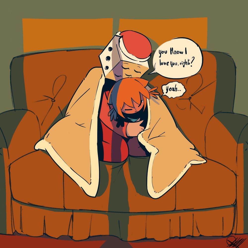 A drawing of Niko and George 5, sitting comfortably on the sofa, while illuminated by the orange light of the setting? Sun? Is that how it works?

George is embracing Niko while her eyes are closed gently, and solemnly says "you know I love you, right?" Niko, with a sorrowful tone and expression, replies "Yeah..." 