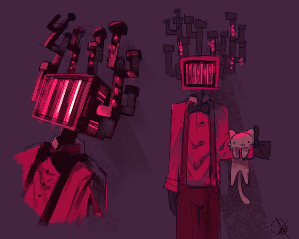 Two drawings of Kelving from the videogame OneShot. On the left, a rendered illustration depicting Kelvin's head and torso; on the right, Kelving standing up, his arm positioned in an 'L' shape, his hand doing a thumbs-up. On the horizontal half of his arm, a cat is holding itself up with its front legs.