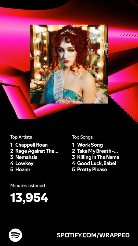 Spotify wrapped top artists Chappell roan rage against the machine nemahsis lowkey hozier, top songs - work song take my breath killing in the name good luck babe pretty please minutes listened 13,954