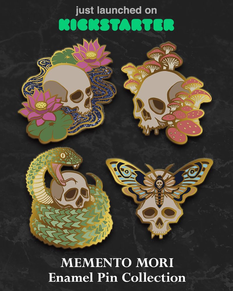 4 skull enamel pin designs featuring lotus, mushroom, snake, and moth