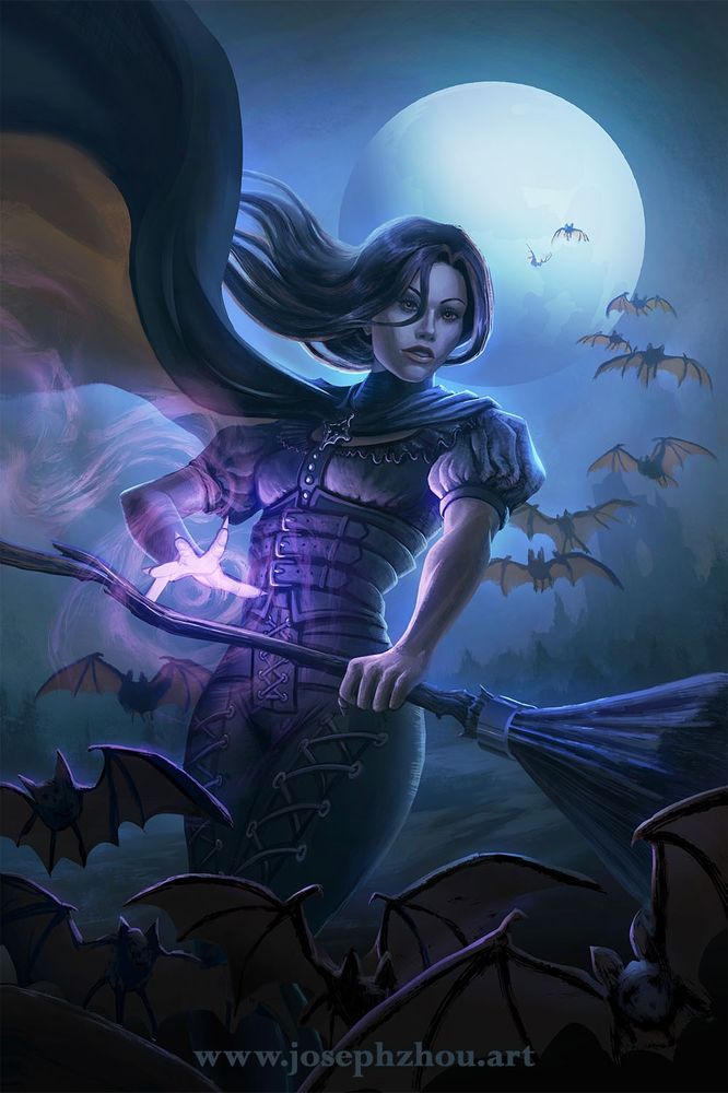 Dark haired witch wearing a cape and holding a broom. Her long hair flows in the wind as she leans back toward the waxing Gibbous Moon as bats fly in a swirling pattern around her toward the viewer