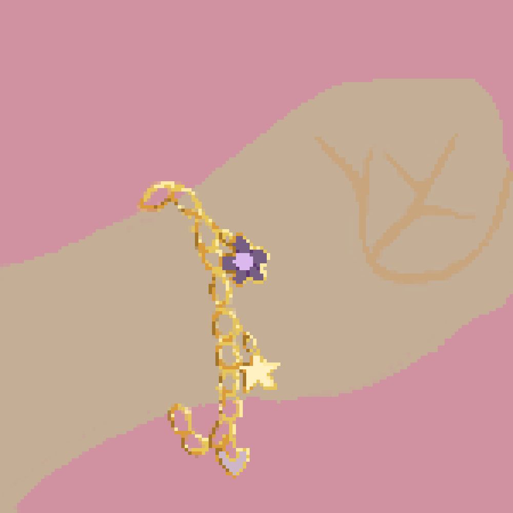 A digital art in a retro pixel style of a hand with a gold charm bracelet on it. From top to bottom, the charm bracelet has 3 charms; a flower, a star, and a heart. 