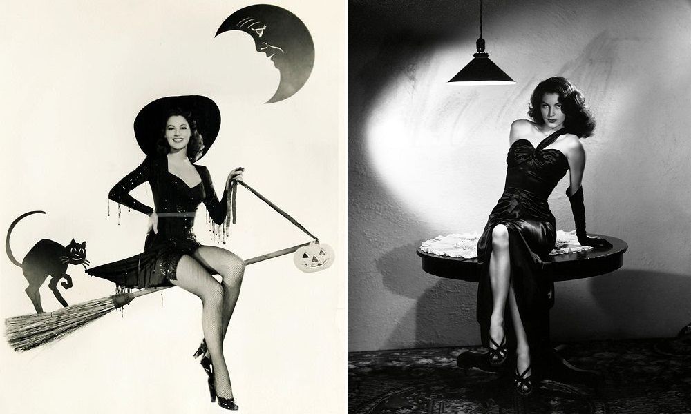 Left: Publicity still of Ava Gardner as a sexy witch on a broom; Right: Ava Gardner posing in a black dress for THE KILLERS
