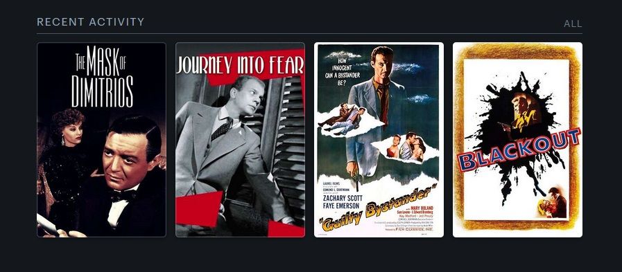 Letterboxd posters for THE MASK OF DIMITRIOS, JOURNEY INTO FEAR, GUILTY BYSTANDER, and BLACKOUT