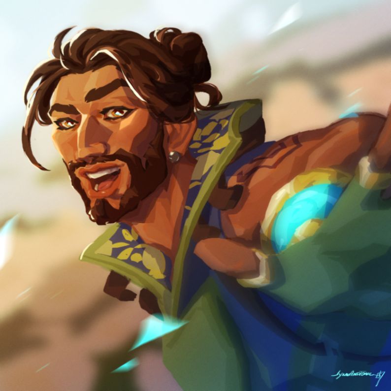 a stylized snapshot of harbor from valorant. he smiles widely as he passes by, seemingly in movement forward. he has dark brown hair tied into a bun, warm brown eyes, a green and blue vest, and a glowing bangle