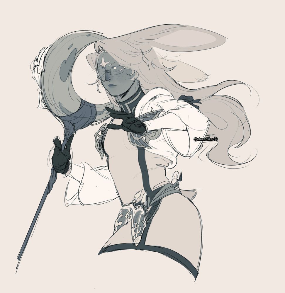 A Viera white mage looks ready to cast spells, the wind in his hair & ears.