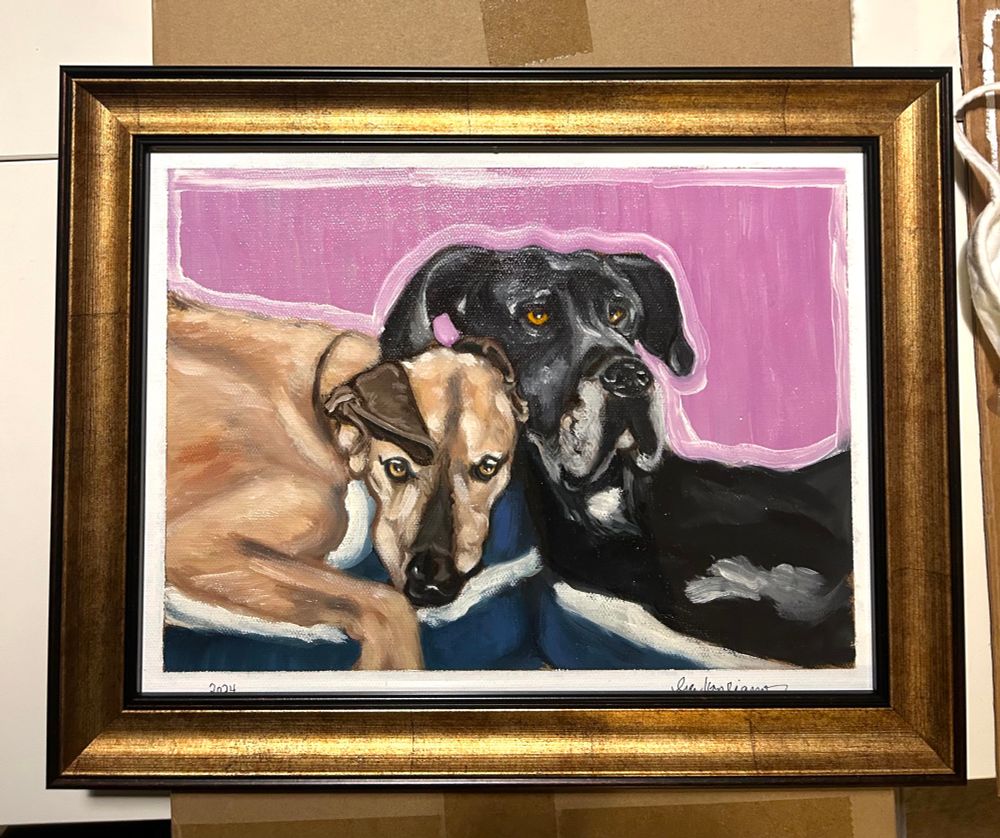 Oil painting of two dogs with pink background 