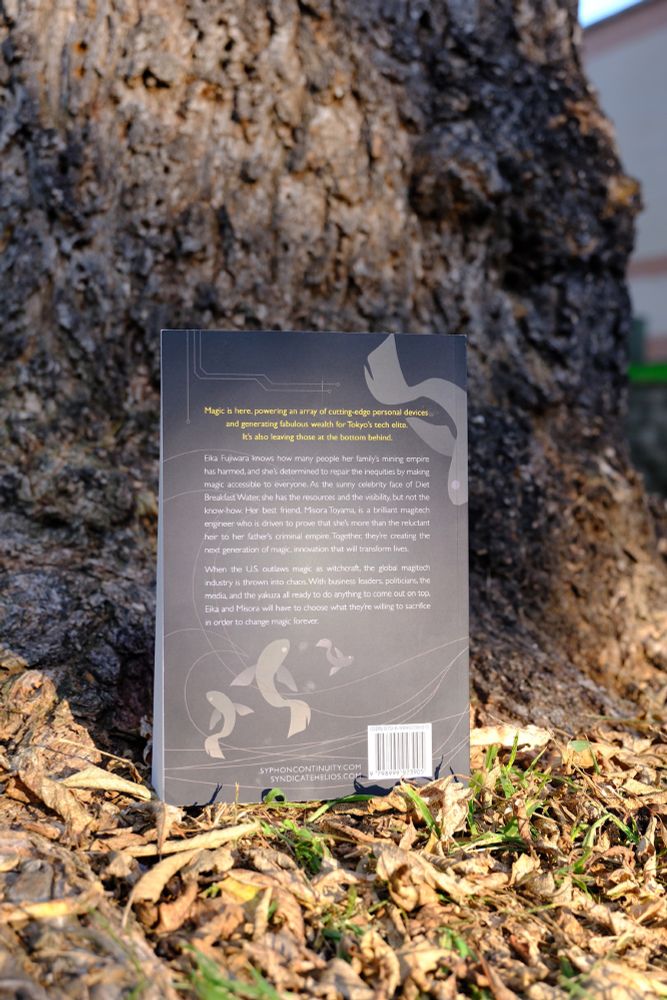 The back of the book The Butterfly Koi is shown in front of a tree.