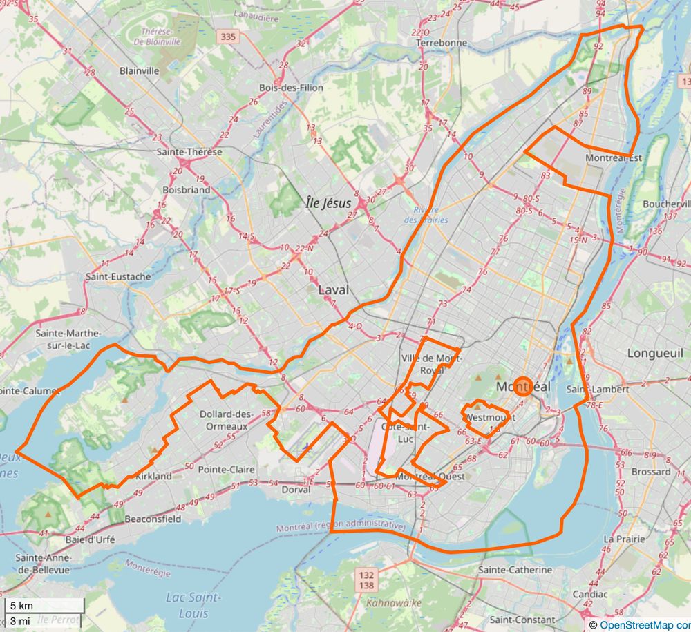 Map of the Hochelaga Archipelago with the city boundaries of Montreal marked in orange. (It takes up most of the Island of Montreal and a few minor islands.)