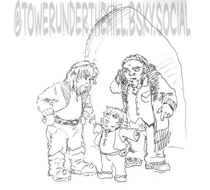 Black and white line art of three young dwarf princes. Prince Rekhart Secondson stands with his hands on his hips. He wears a short jacket and spiked boots; a diadem rests on his straight, shoulder-length hair. He has a wispy straight mustache and short beard. He looks down on a much smaller, younger dwarf. This is Gorek Thirdson as a child. He is smiling as he looks up, arms splayed; he has curly shoulder-length hair and already sports a bushy beard. Behind him stands the eldest, Crown Prince Gardrek Firstson. He wears a long jacket with a furry ruff over a button-down shirt worn untucked. A simple crown pushes his straight hair back from his face. His beard is woven in a short, tight braid. He looks down at the youngest dwarf with an expression of consternation.