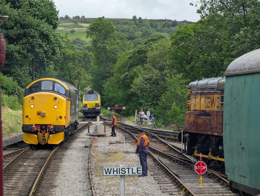 Large logo class 37, Freightliner class 70 and an EWS class 08 all at Oxenhope 