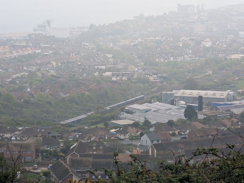 Folkestone east sidings and the surrounding town
Two sets of 375s are berthed in the sidings