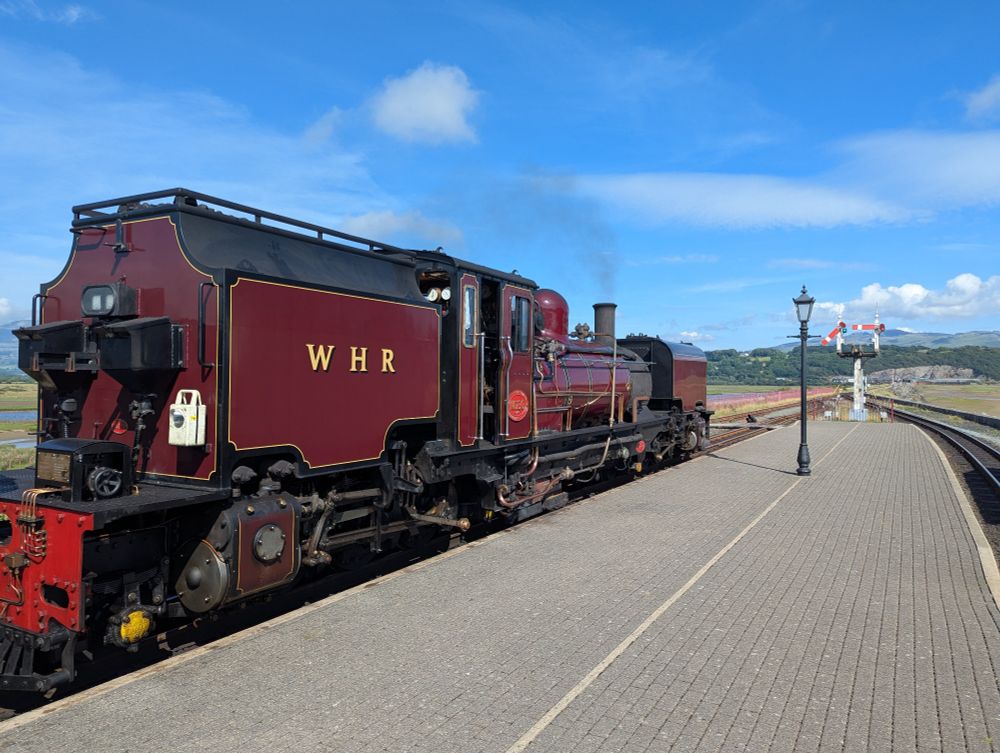 WHR loco about to head across the Cob to Boston Lodge