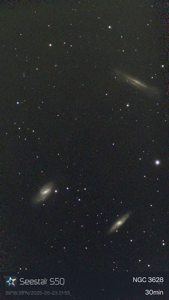 Unprocessed composite image of the Leo Triplet -- a group of three galaxies located in the constellation Leo. 