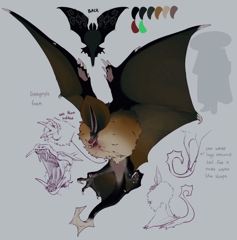 A vampiric monster labeled as Vladislavs 'Gargoyl form'
The sheet features a creature like a bat in many ways though of draconic proportioning on his limbs, of which he has a set of two arms (the bulkier pair serving for wings while the lesser built of the two as grabbers, hidden within the pompom that is his chest and back).
In a comparison it shows the beast as about 3x the size of what would be its human shape 