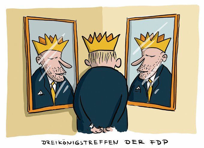 Das Bild zeigt eine Karikatur mit einer Person, die eine Krone trägt und vor zwei Spiegeln steht. In den Spiegeln sind zwei verschiedene Gesichter zu sehen, die ebenfalls Kronen tragen. Unter dem Bild steht der Text "Dreikönigstreffen der FDP".