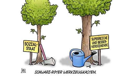 Das Bild zeigt eine politische Karikatur mit zwei Bäumen, die symbolisch für unterschiedliche gesellschaftliche Gruppen stehen: 🌳 Linker Baum: Beschriftet mit „SOZIALSTAAT“ (Wohlfahrtsstaat). Neben ihm lehnt eine Axt – ein klares Symbol für Kürzungen oder Bedrohung. Der Baum wirkt gefährdet, als würde man ihn fällen wollen. 🌳 Rechter Baum: Beschriftet mit „SUPERREICHE UND BESSERVERDIENENDE“ (Superreiche und Gutverdiener). Daneben steht eine Gießkanne – ein Symbol für Pflege und Förderung. Dieser Baum wird offensichtlich gehegt und gepflegt. 🧰 Unterschrift: „SCHWARZ-ROTER WERKZEUGKASTEN“