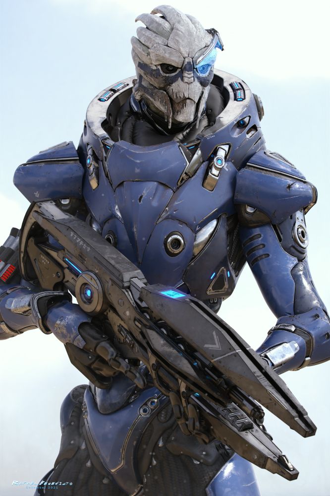 Garrus Vakarian from the Mass Effect franchise, a grey skinned Taurian male in blue armour, holding a rifle. 