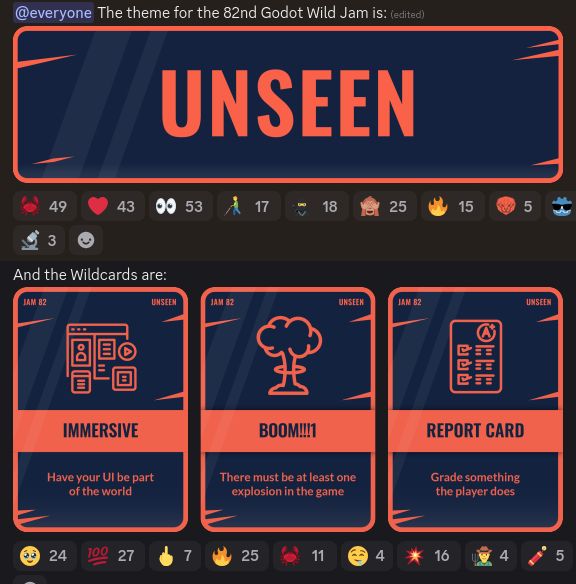 Theme of the 82nd Godot Wild Jam: UNSEEN.

Wildcards:
- IMMERSIVE: Have your UI be part of the world
- BOOM!!!1: There must be at least one explosion in the game
- REPORT CARD: Grade something the player does