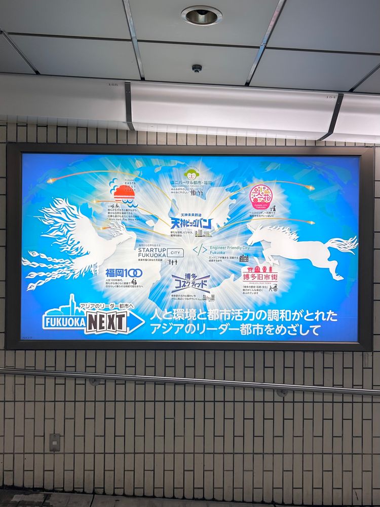 福岡市の都市開発ビジョン『FUKUOKA NEXT』を紹介する地下鉄構内ポスター。青空を背景に白いユニコーンが駆け抜け、天神ビッグバンや博多コネクテッドなどの都市プロジェクトが描かれている。