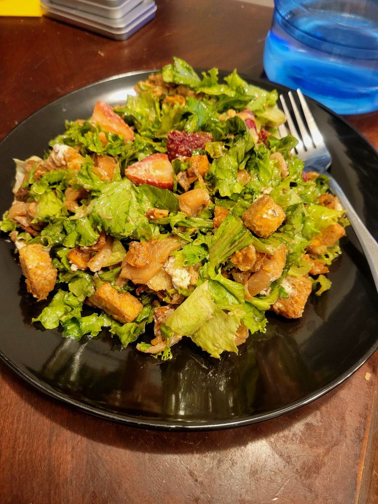 Salad: romaine lettuce, goat cheese, fried onions, herb and cheese croutons, sliced smoked salmon, fresh strawberries, roasted sweet potatoes (olive oil, salt, pepper, cinnamon)

Dressing: balsamic vinegar, garlic infused oil, mashed garlic confit (olive oil, red wine and rosemary salt, peppercorns, basil), pepper, thyme, fennel, basil, savory, lavender