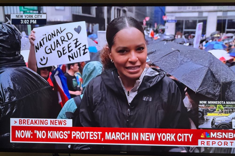 photo of msnbc coverage of #nokings rally in nyc. a sign appears in the background that reads: “national guard deez nuts”