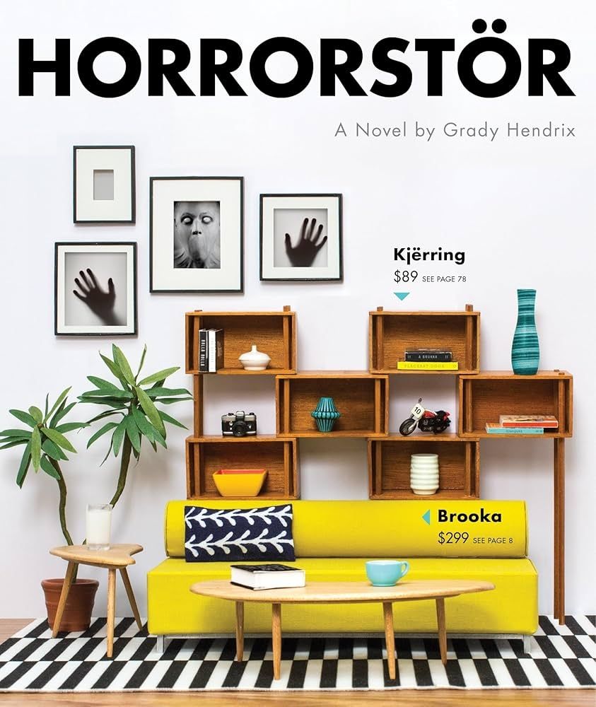 An Ikea catalog-like modern showroom interior with teal and yellow accents and horror-style artwork on the walls. Cover of the novel Horrorstör by Grady Hendrix.