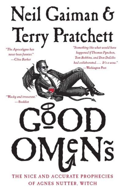 A man with small horns & bat-like wings reclined in a comfortable demeanor wearing a black suit & holding a glass of bright red wine. Cover of the novel Good Omens by Neil Gaiman and Terry Pratchett.