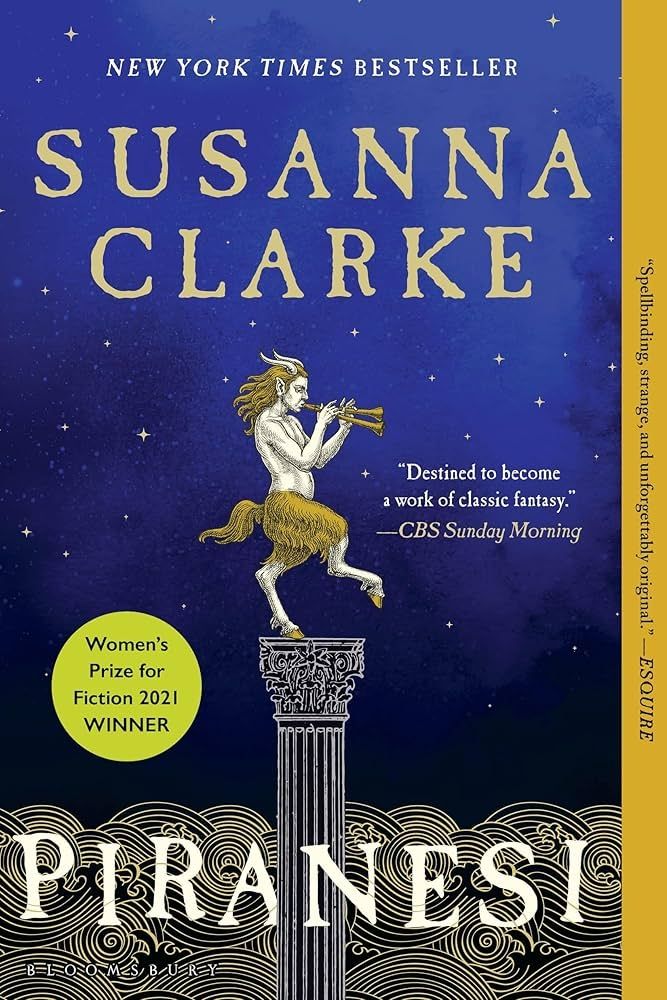 Satyr playing a musical instrument while standing on one leg atop a column. Cover of the novel Piranesi by Susanna Clarke.
