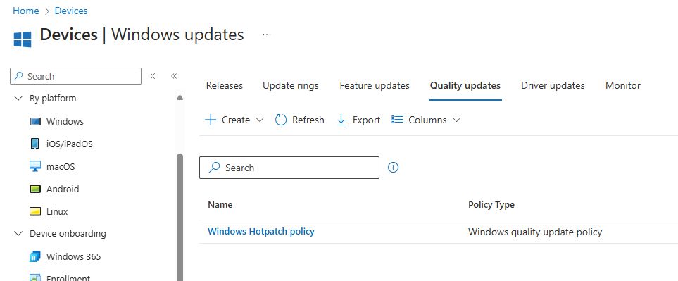 screenshot of Intune portal showing the area where the new HotPatch policy can be configured