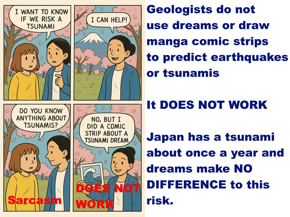 TEXT ON GRAPHIC: 

Child: I want to know if we risk a tsunami.

Adult: I can help!

Child: Do you know anything about tsunamis?

Adult: No but I did a comic strip about a tsunami dream

Sarcasm - DOES NOT WORK,

Geologists do not use dreams or draw manga comic strips to predict earthquakes or tsunamis

It DOES NOT WORK

Japan has a tsunami about once a year and dreams make NO DIFFERENCE to this risk.