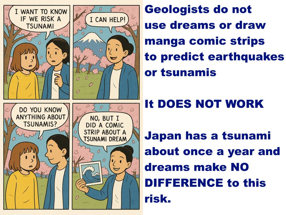 TEXT ON GRAPHIC: 
Child: I want to know if we risk a tsunami.
Adult: I can help!
Child: Do you know anything about tsunamis?
Adult: No but I did a comic strip about a tsunami drean,

Geologists do not use dreams or draw manga comic strips to predict earthquakes or tsunamis

It DOES NOT WORK

Japan has a tsunami about once a year and dreams make NO DIFFERENCE to this risk.