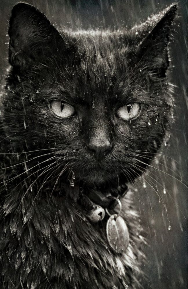 Black cat in the rain. Black and white photo. 