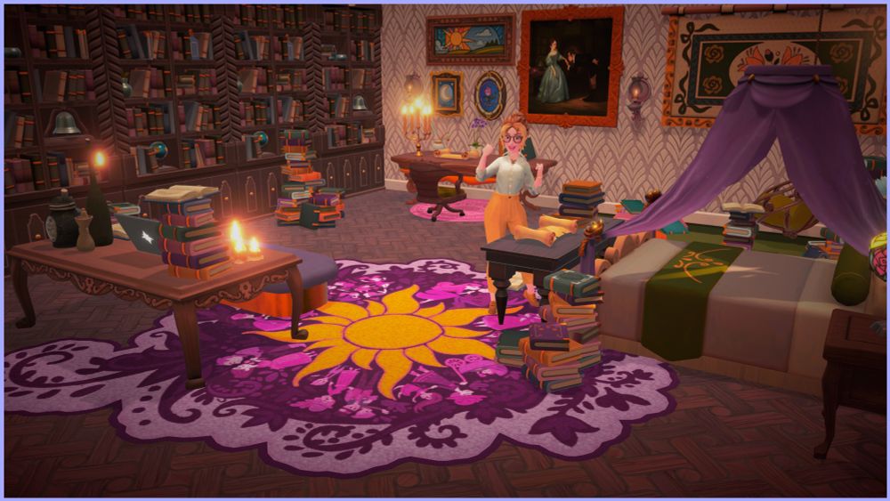 Brunette character poses confidently in the middle of a library. Piles of books clutter the room.