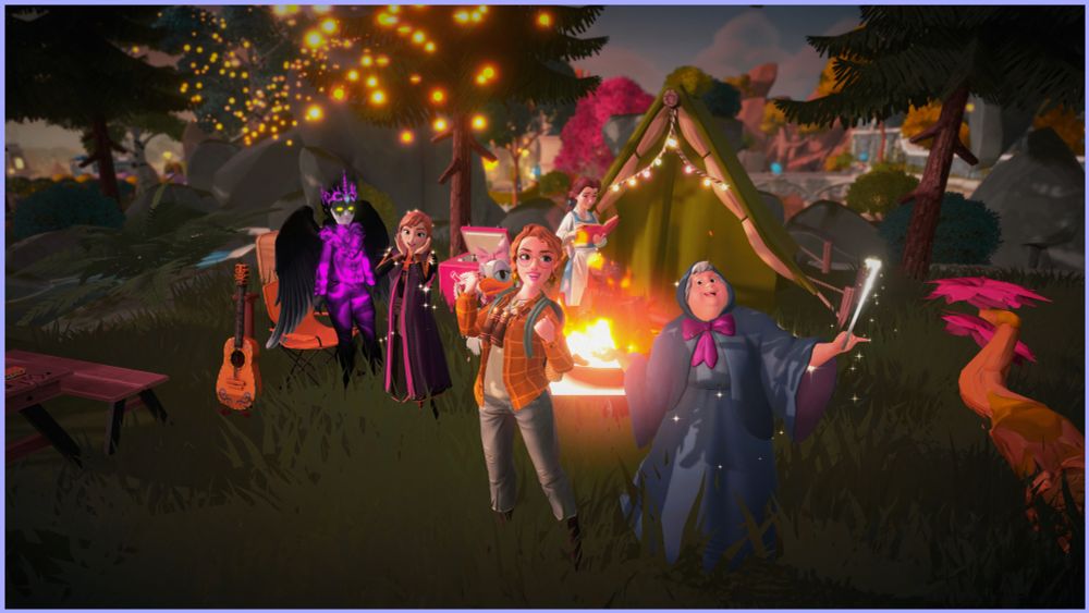Ginger woman dressed in a yellow flannel and grey denim pants stands in front of a firepit. Woman in the center surrounded by neighbors, Anna, Belle, Daisy Duck, Fairy Godmother, and The Forgotten. Group is in the woods during twilight hours at a campsite with a red cooler, a guitar, an orange outdoor chair, and a green tent.