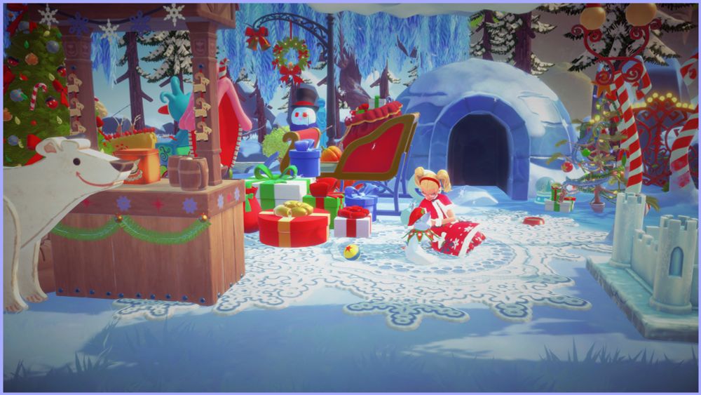 Woman with blonde pigtails sits on the ground looking down at a fox. Woman is dressed in a festive red and white fur trimmed dress, the fox is dressed with an elf hat and collar. The area is covered in snow and decorated for Christmas, with a sleigh, a tree, snowmen, and presents of various shapes. An igloo stands in the background.