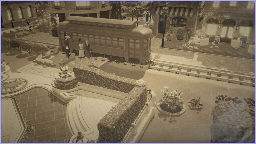 City street with various shops lining the side with a streetcar running through the center of the roadway. Goofy dressed as a conductor faces Tiana, and the player's character in a long fur coat as if awaiting to take their tickets. Scene uses sepia toned filter to imitate 1920s aesthetic.