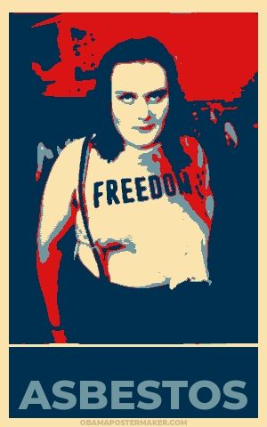 2008 Obama style poster of an intense, post-rave ella. 'ASBESTOS' Reads the caption