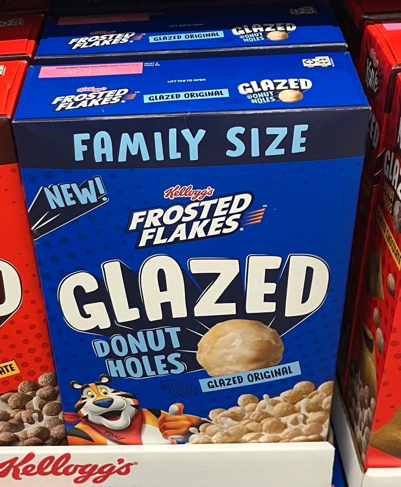 Family sized box of frosted flake glazed donut hole cereal