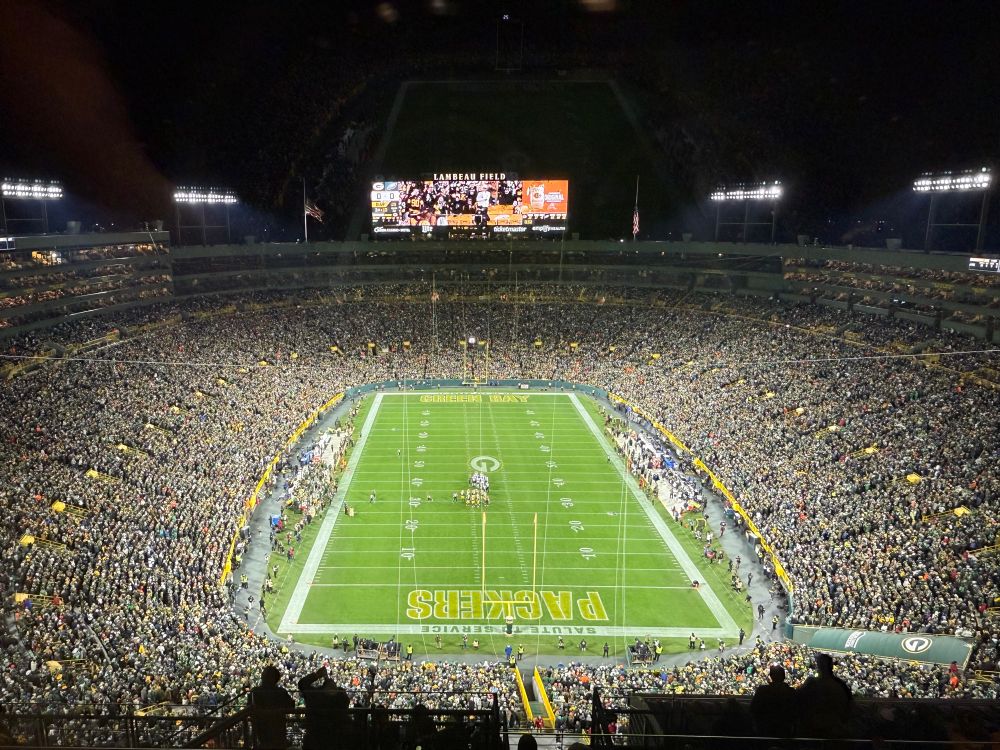 A view of Monday Night Football from high above Lambeau Field in Green Bay