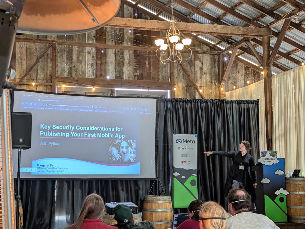 A photo of Maggie on stage beginning their presentation.