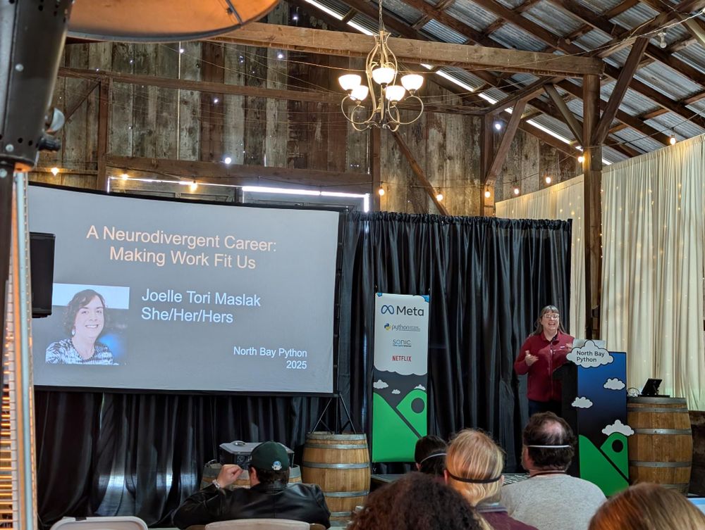 A photo of Joelle on stage beginning her talk.