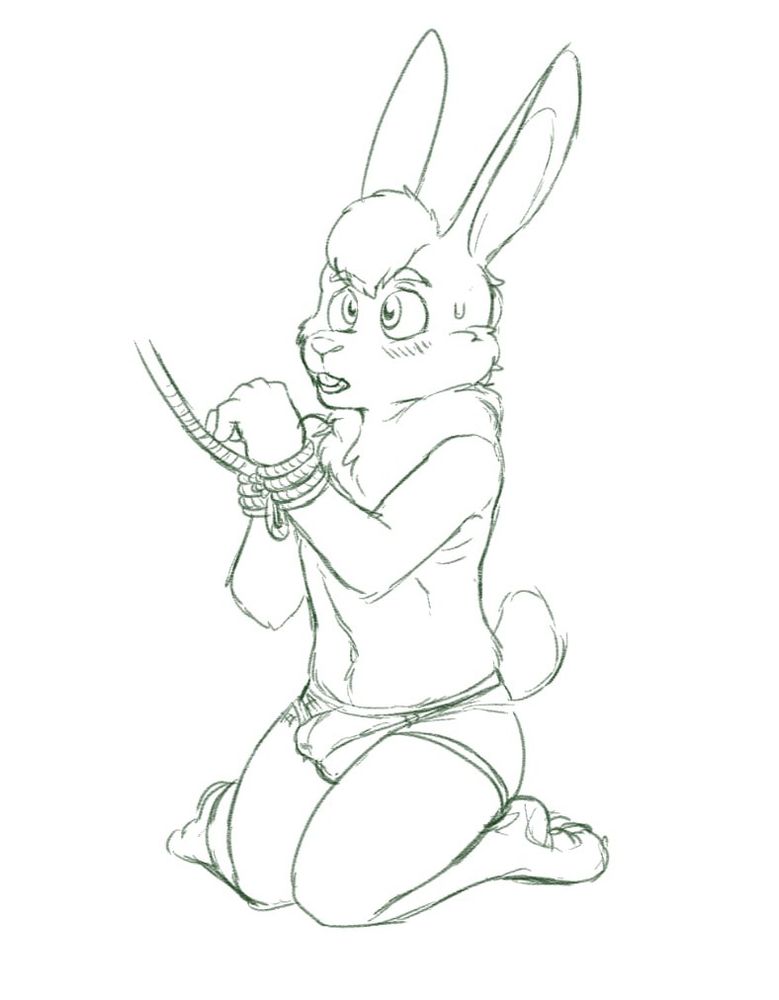 A green concerned rabbit caught with his wrists tied on a lead. He is again in underwear.