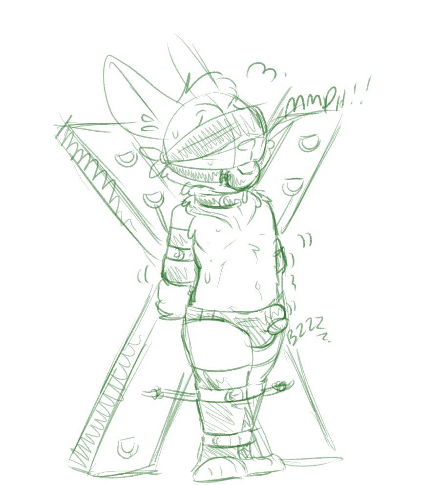 A green rabbit strapped, blindfolded and gagged to a st Andrews cross with a buzzing vibrator strapped to his erect tent. 