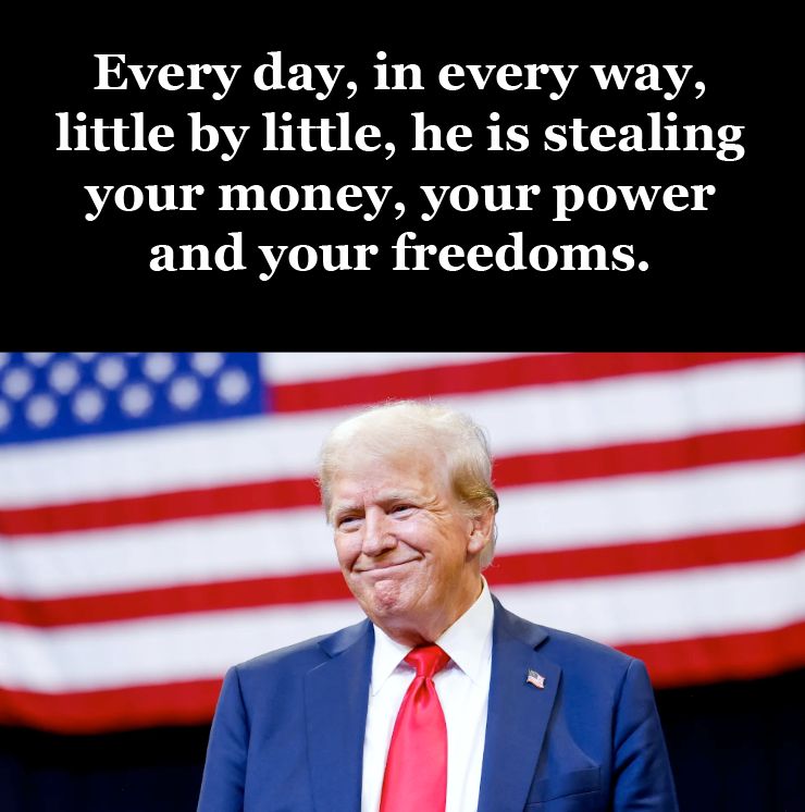 Every day, in every way, little by little, he is stealing your money, your power and your freedoms.
Image of Trump