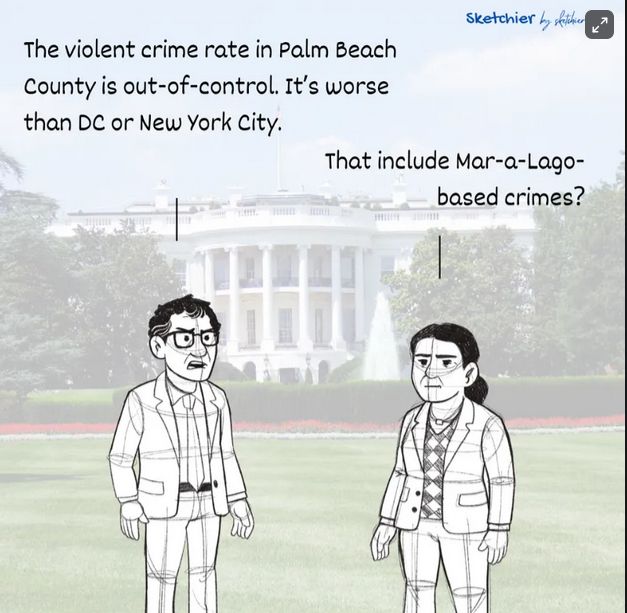 Two characters standing in front of the White House. One notes, 