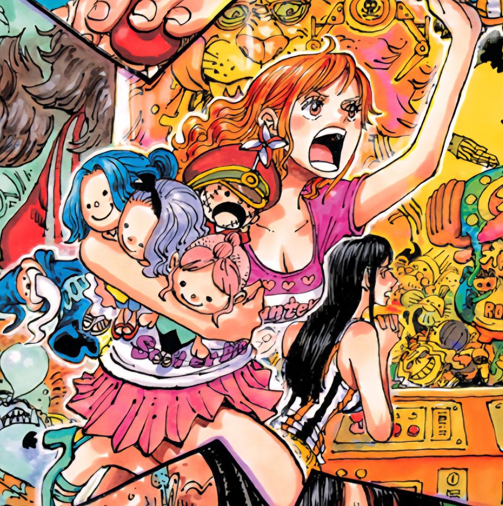 One piece chapter spread art for chapter 1161, of Nami holding plushies of Princess Vivi, Belle-Mère, Nojiko, and Genzo