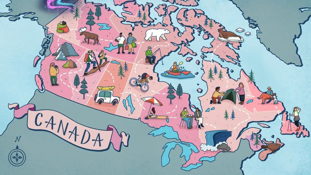 An cutely illustrated map of Canada, highlighting animals and local activities of each region.
