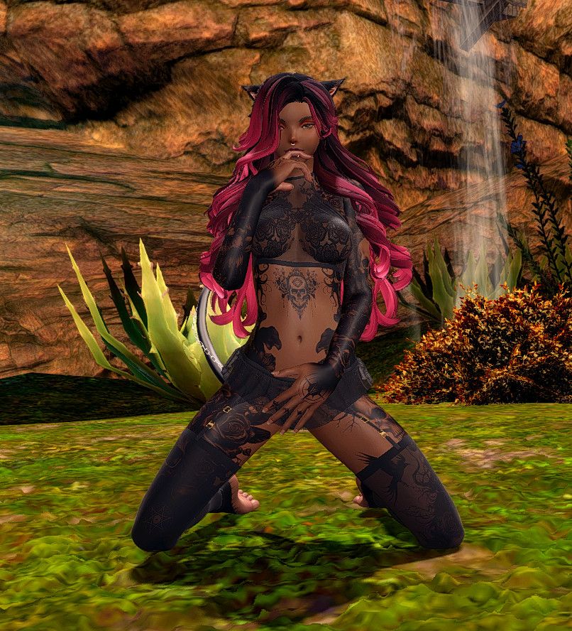 A Miqote woman on her knees is dressed in lace, covering her lower half with one hand and a knuckle of the other between her lips.